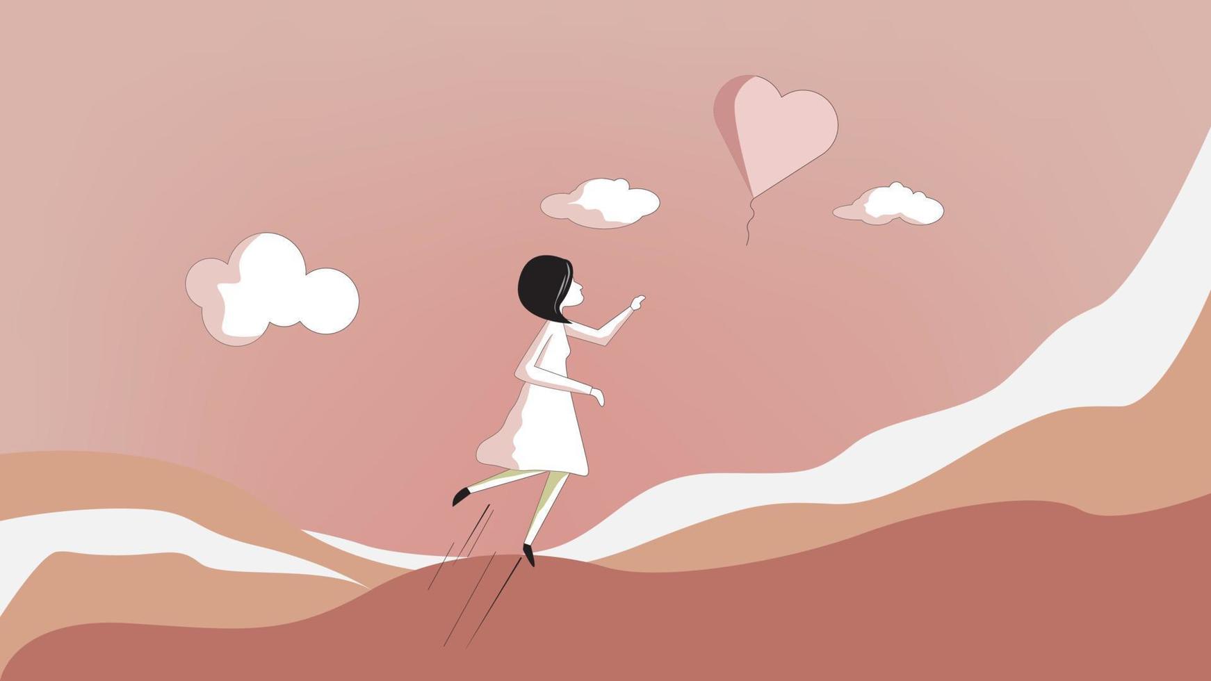 eine Hoffnung. Illustrationsvektor. ein Mädchen, das einem Ballon im Wind nachjagt. vektor