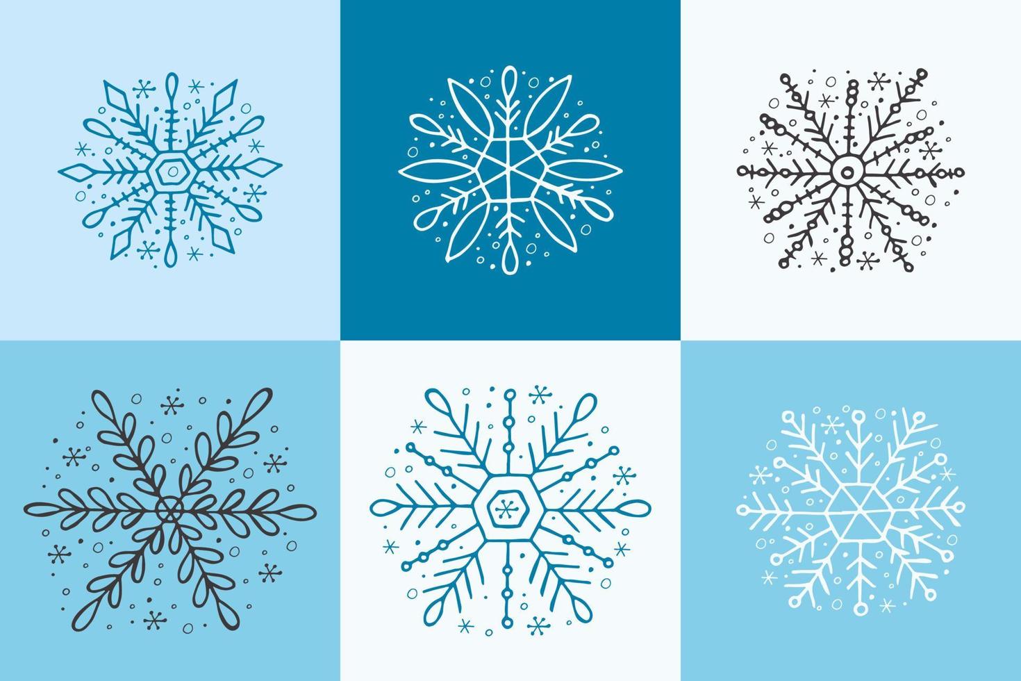en uppsättning handritade snöflingor. vektor illustration i doodle stil. vinterstämning. hej 2023. god jul och gott nytt år. vita, blå och gråa element på en ljusblå bakgrund.