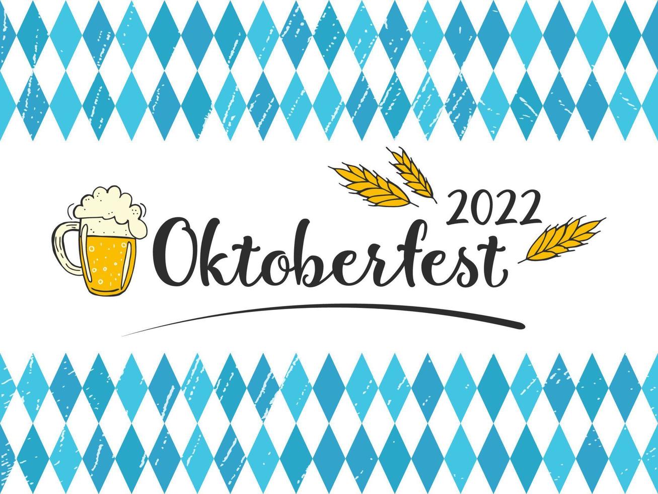 oktoberfest 2022 - ölfestival. handritade doodle element. svart bokstäver med en ölmugg och veteöron med horisontella ränder av blå diamanter med textur på en vit bakgrund. vektor