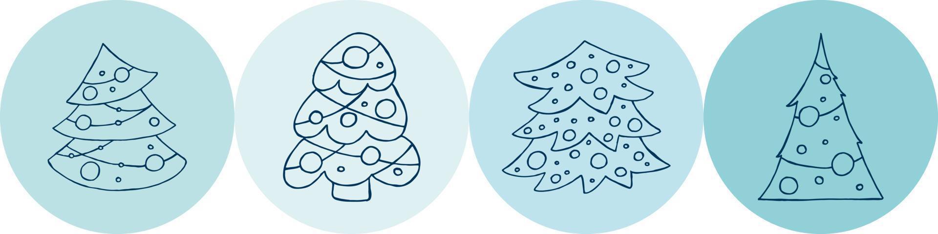 en uppsättning handritade julgranar. vektor illustration i doodle stil. vinterstämning. hej 2023. god jul och gott nytt år. blåa element på en blå bakgrund.
