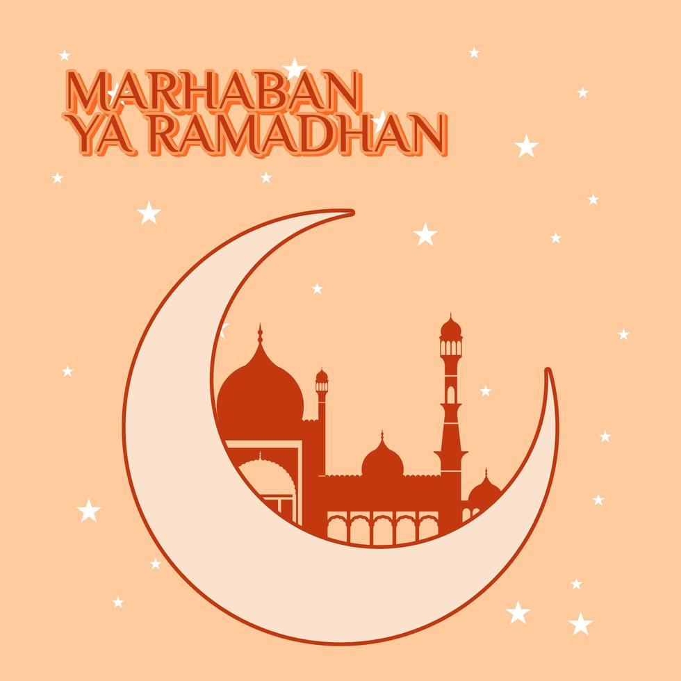 Marhaban Yaa Ramadan Poster mit Mond und Moschee vektor