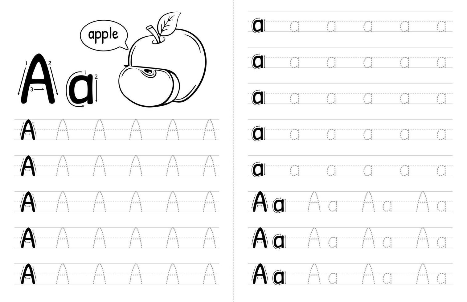 abc alfabets spårningsbok interiör för barn. barn skriver kalkylblad med bild. premium vektorelement bokstaven a. vektor