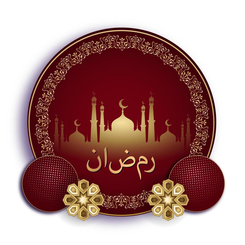ramadan kareem gyllene moské i röda runda former vektor