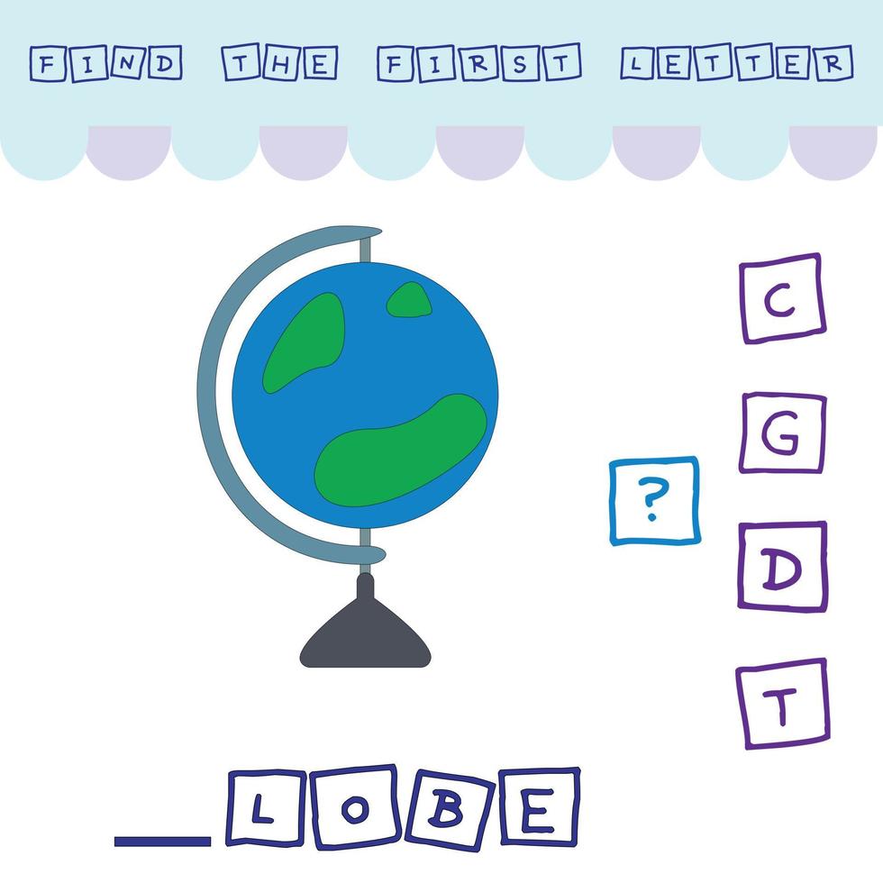 hitta den första bokstaven i ordet jordglob och koppla ihop. pedagogiskt spel för barn. vektor