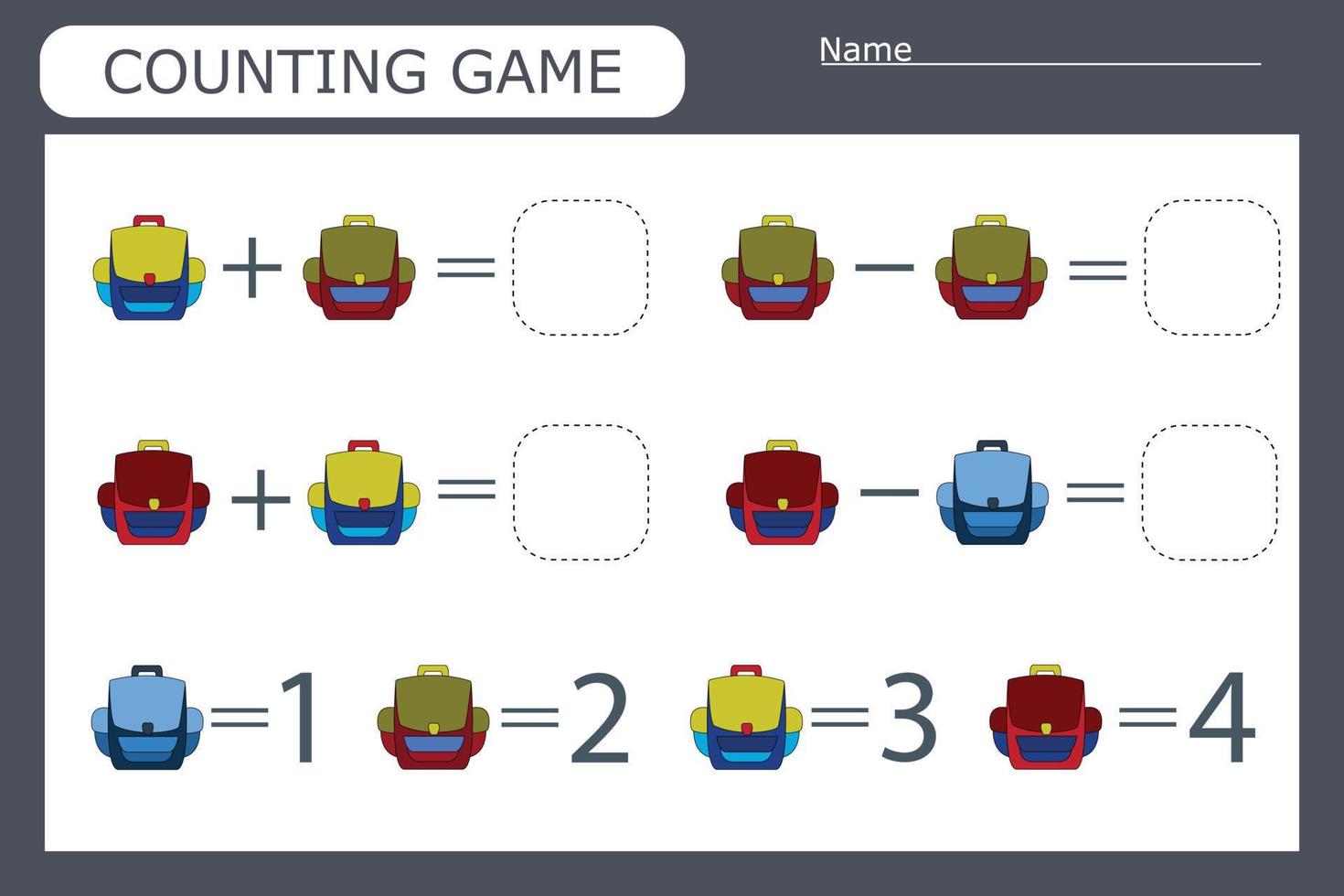 zählspiel mit schulmaterial, rucksäcken. vorschularbeitsblatt, kinderaktivitätsblatt, druckbares arbeitsblatt vektor