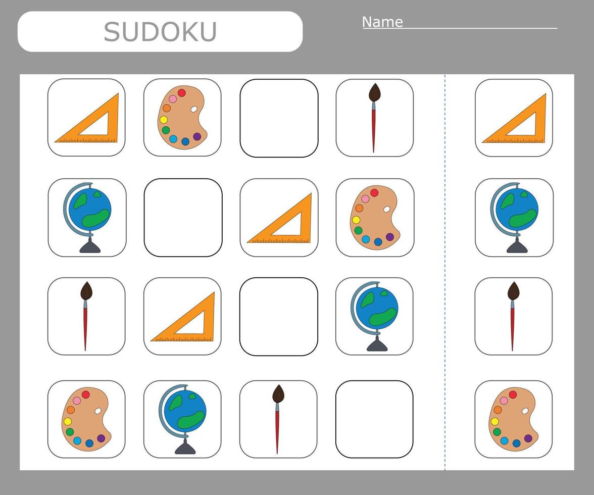 sudoku spel för barn med färgglada förnödenheter. aktivitetsblad för barn. vektor