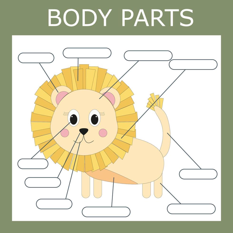 skriv ner lionets kroppsdelar. pedagogiskt spel för barn. vektor
