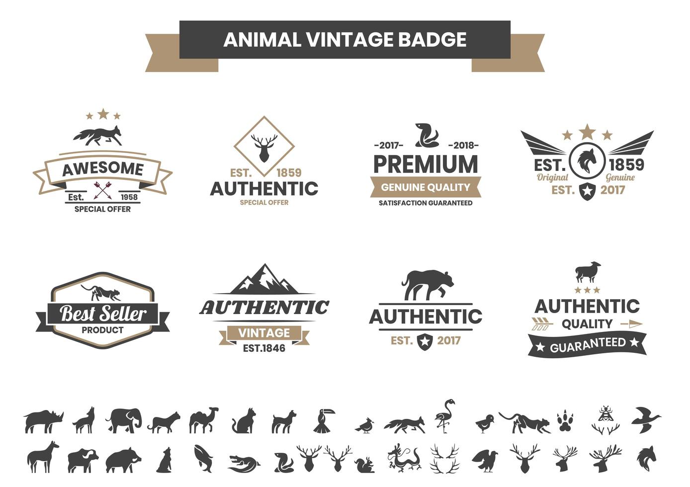 vintage emblem set med delfin och andra djur vektor