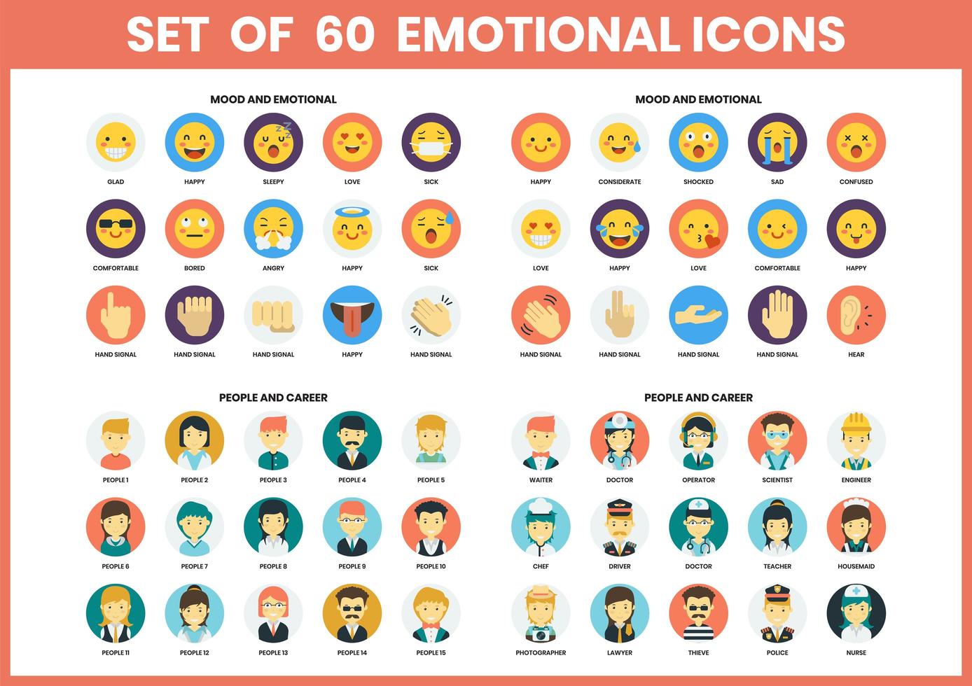 uppsättning av 60 känslor och människor ikoner vektor