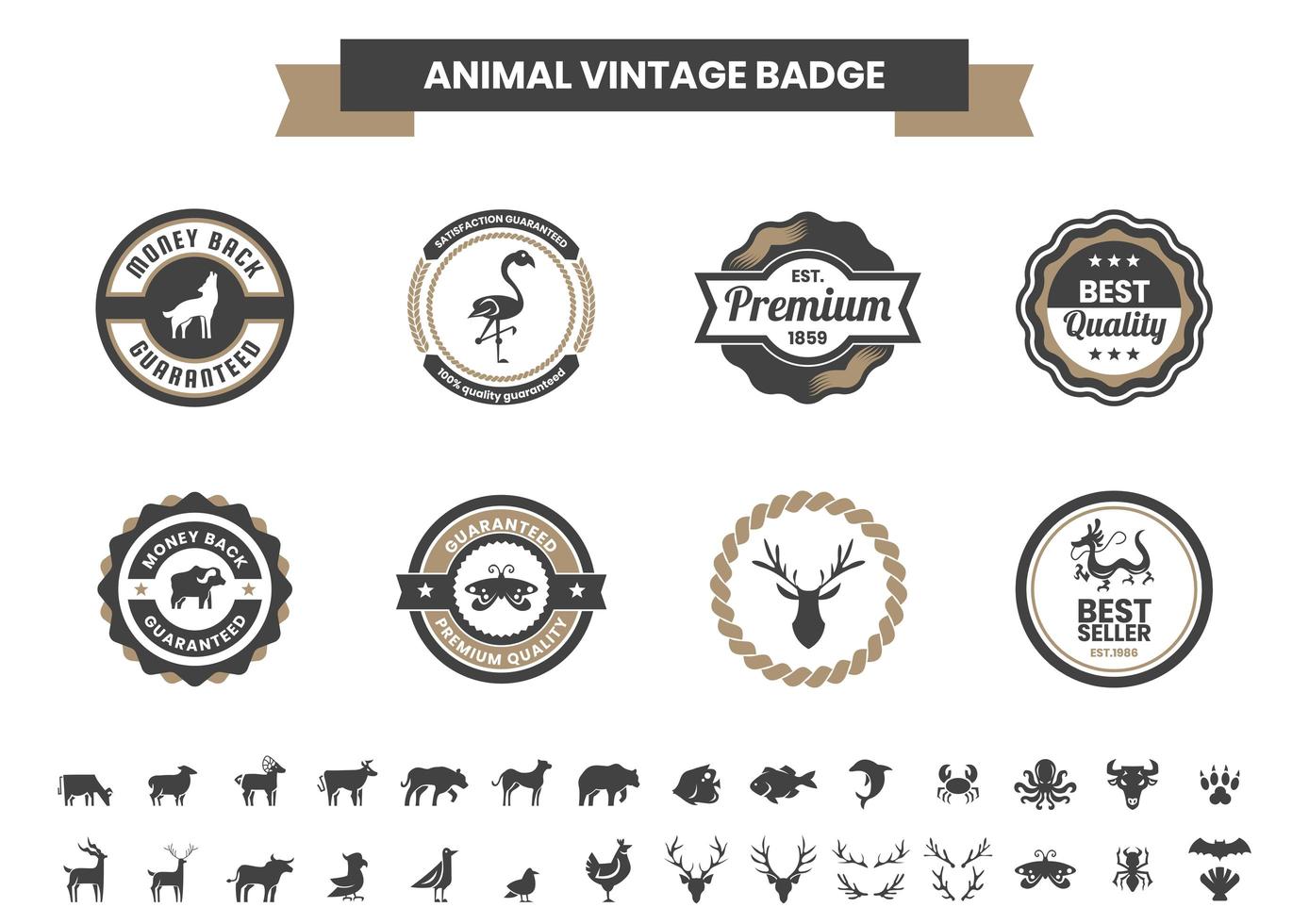 vintage badge set med draken och andra djur vektor