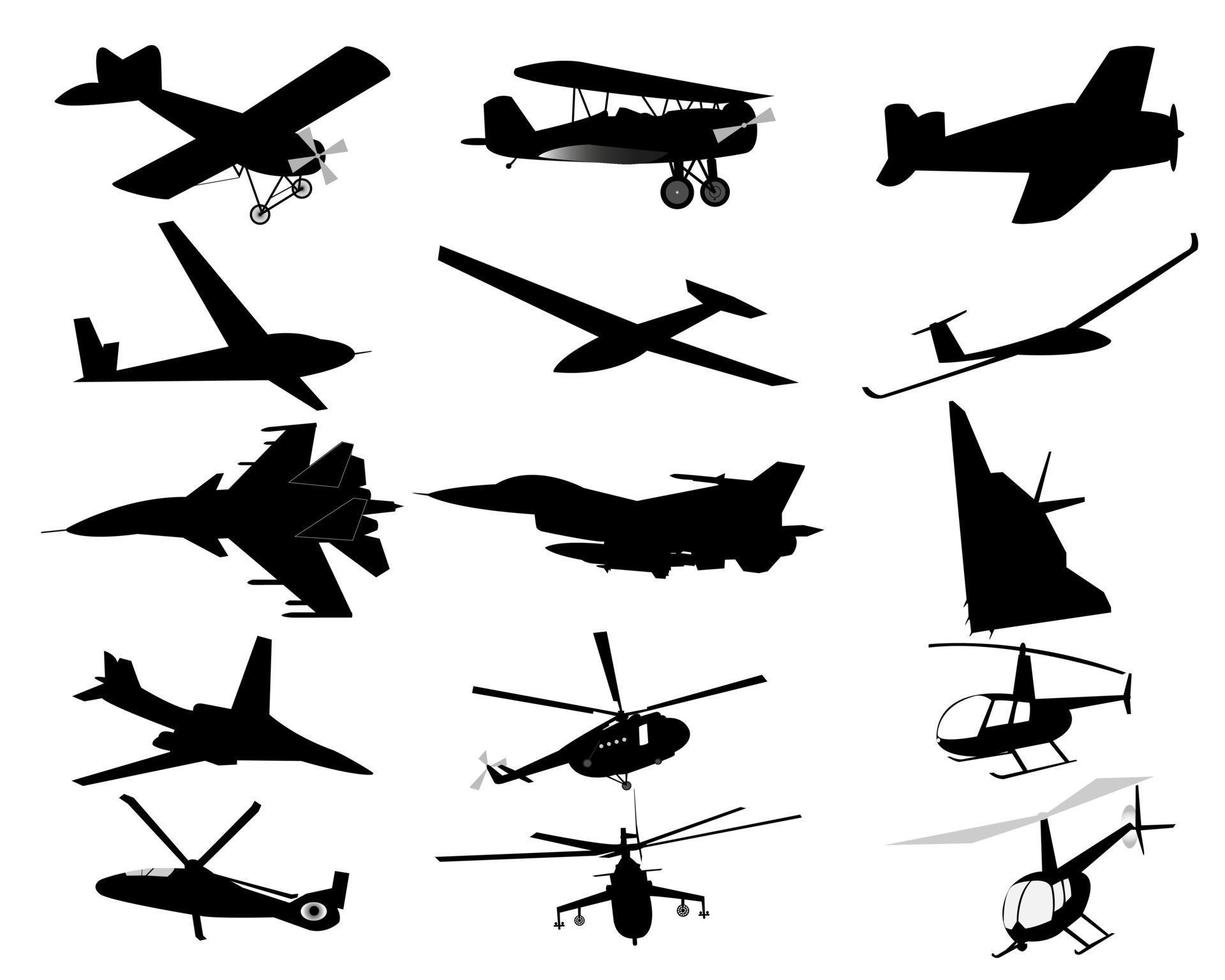 civila militära flygplanshelikoptrar på en vit bakgrund vektor