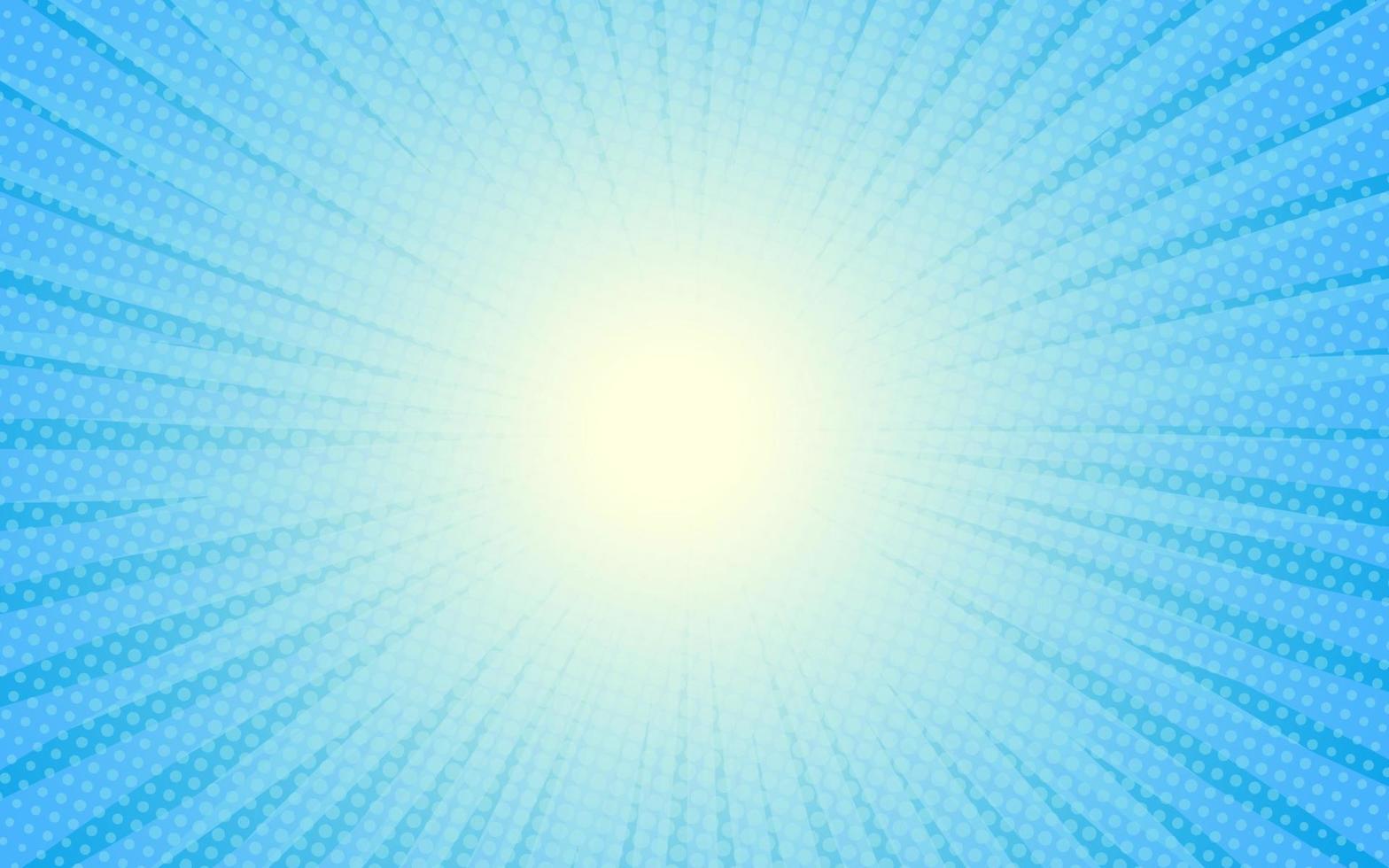 Sonnenstrahlen Retro-Vintage-Stil auf blauem Hintergrund, Comic-Muster mit Starburst und Halbton. Cartoon-Retro-Sunburst-Effekt mit Punkten. Strahlen. Sommer-Banner-Vektor-Illustration. vektor