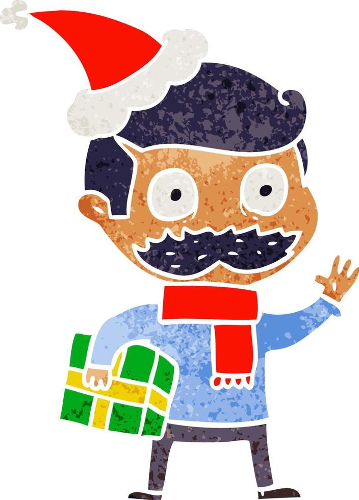 Retro-Karikatur eines Mannes mit Schnurrbart und Weihnachtsgeschenk mit Weihnachtsmütze vektor