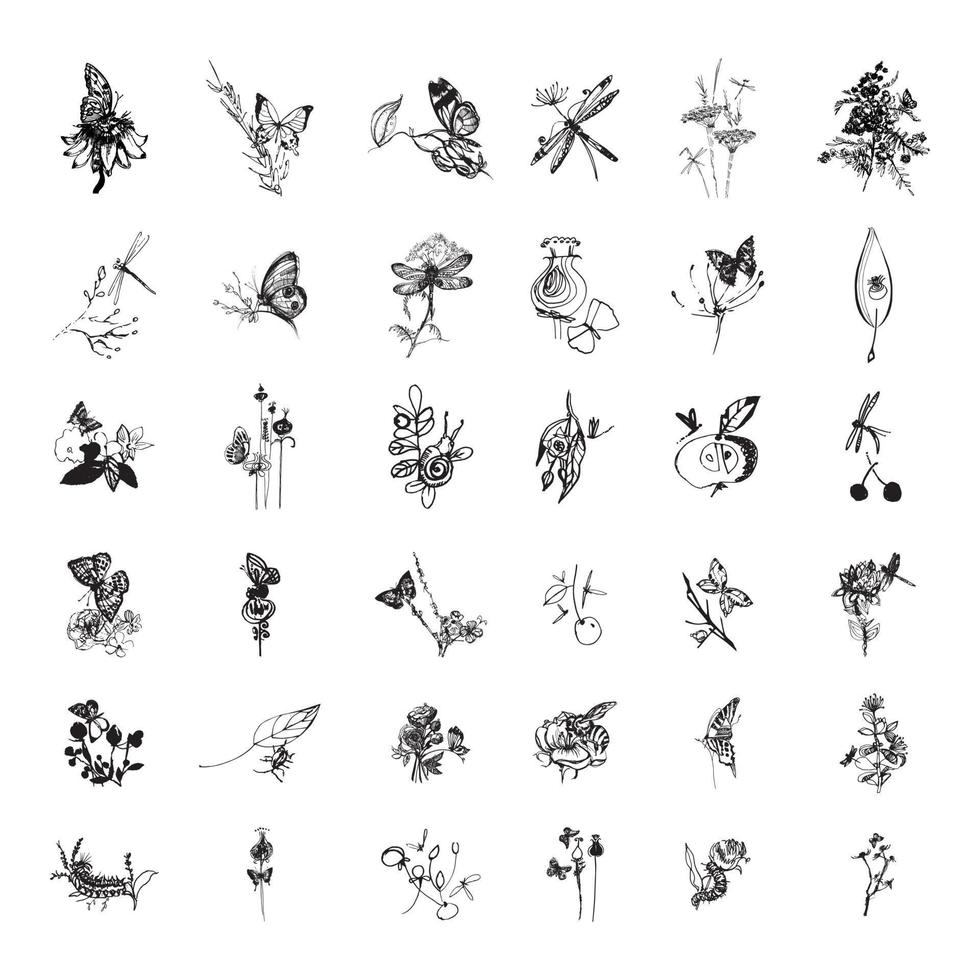 insekter och blommor illustrationer i bläck stil vektor