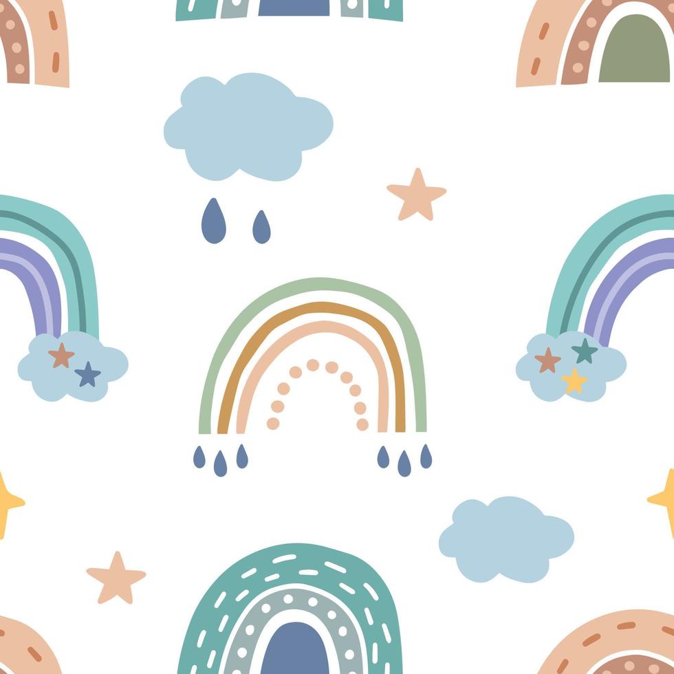 regenbogenmuster mit herzen, wolken, regen im skandinavischen stil für kinder. Perfekt für Kinder, Poster, Drucke, Postkarten, Stoff. vektor