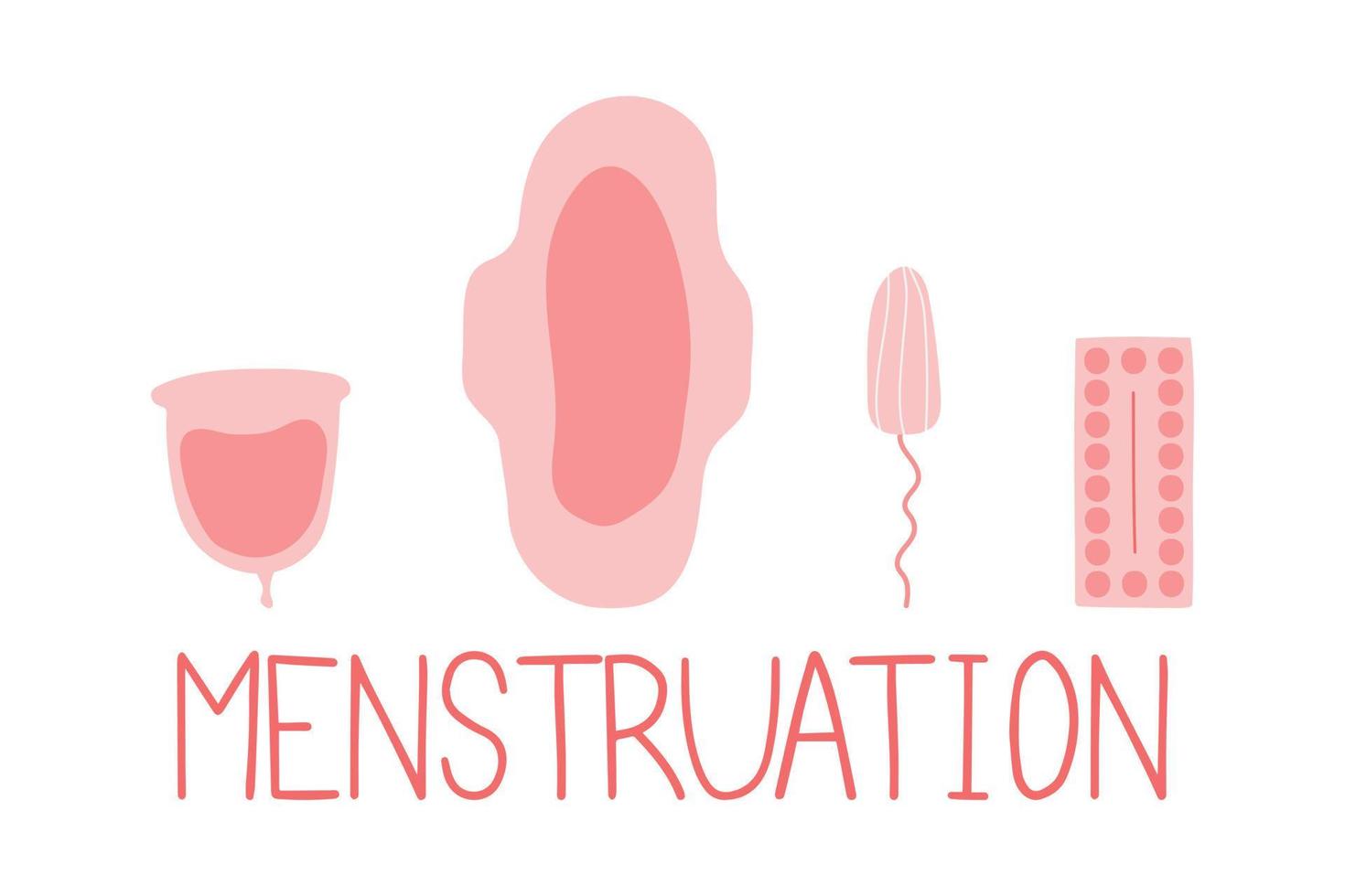 menstruation Ikonuppsättning. menskopp, tampong, dyna, p-piller. kvinnliga hygienprodukter. vektor