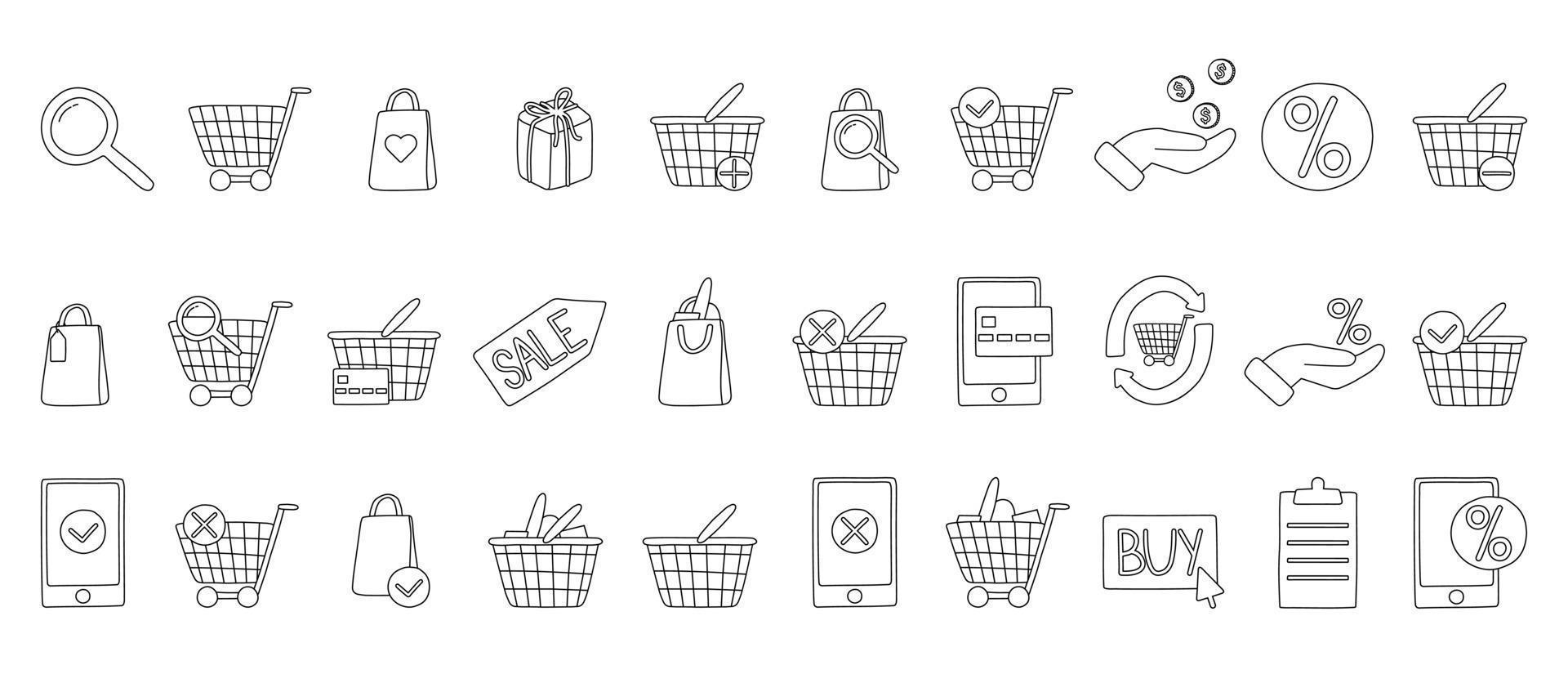 E-Commerce einfache Symbolvektorillustration. Warenkorb, Suche, Markt, Shop, Rabatt und mehr. vektor