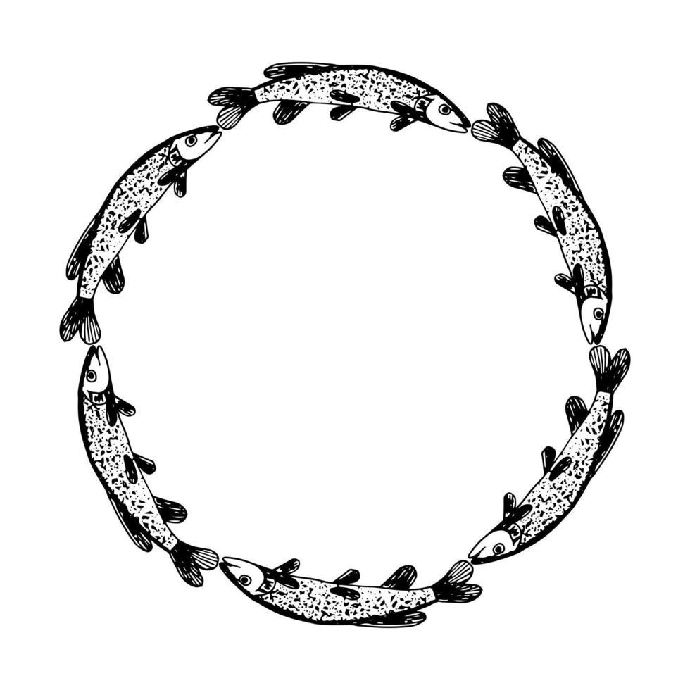 dekorativa doodle rund krans krans av fisk gädda. svarta silhuetter av fisk som simmar i en cirkel. banderoll med fisk. doodle illustration. vektor