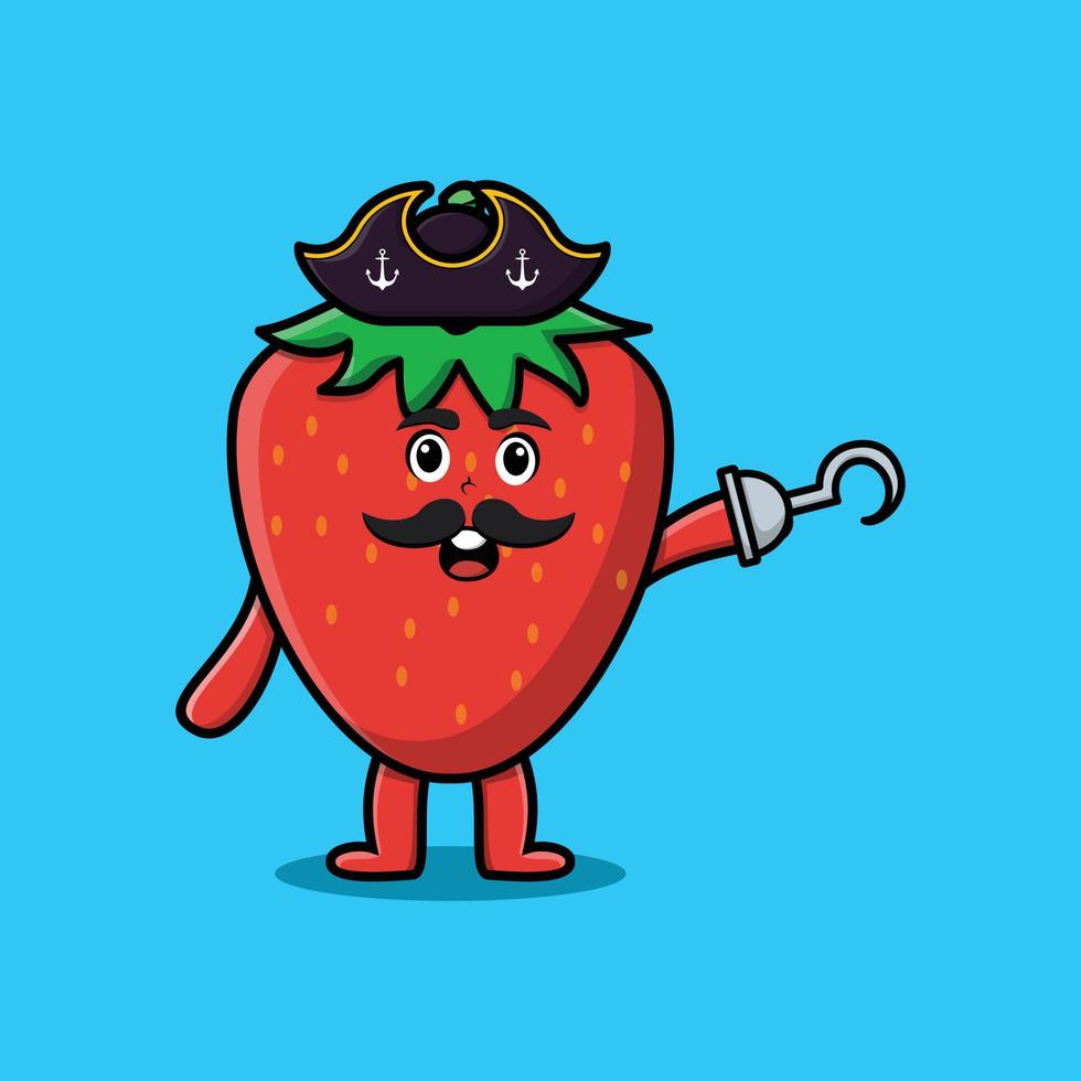 söt tecknad pirat jordgubbe med krok hand vektor