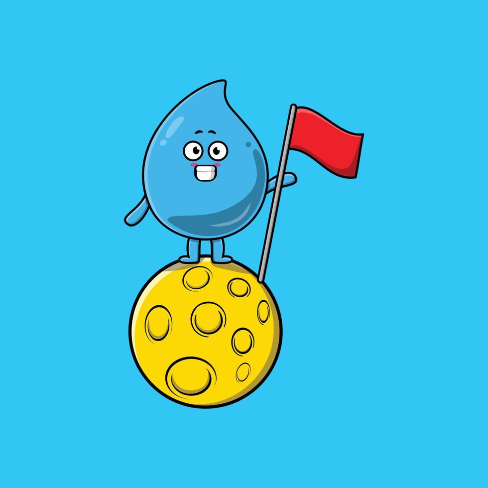 karikaturwassertropfen, der auf dem mond mit flagge steht vektor