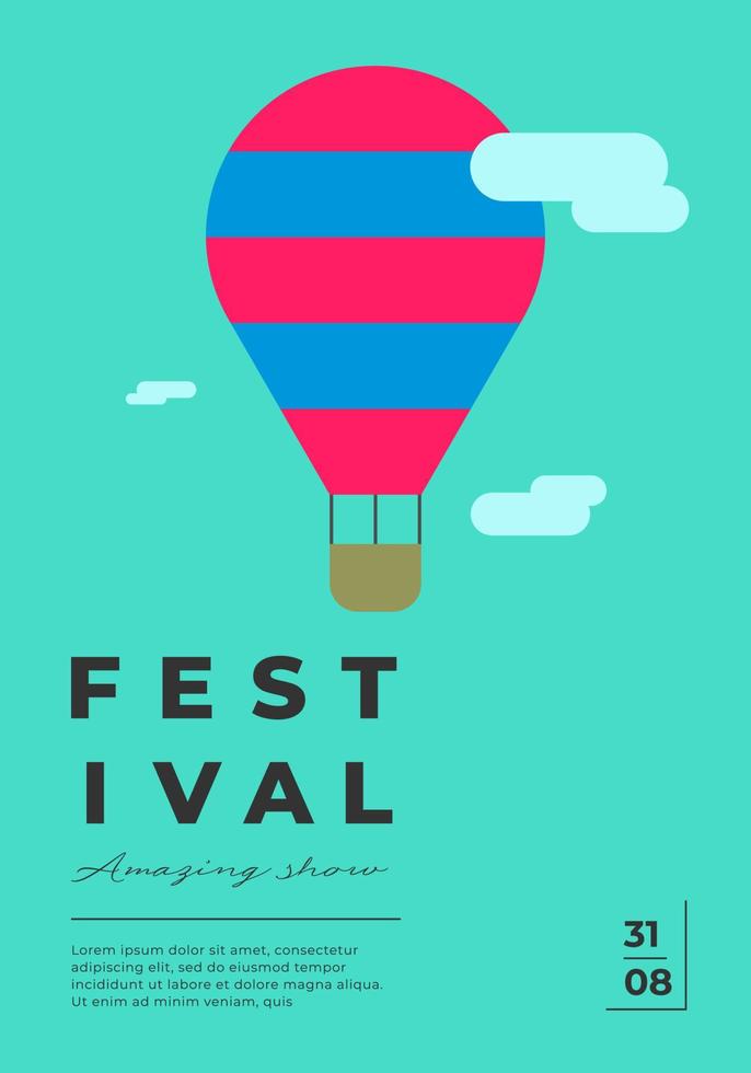 vergnügungspark festliches minimales trendiges vertikales plakat mit aerostat. karnevalskirmes minimalistisches kreatives designbanner mit heißluftballon am himmel. Fun Fair Festival einfaches flaches Vektor-Eps-Plakat vektor