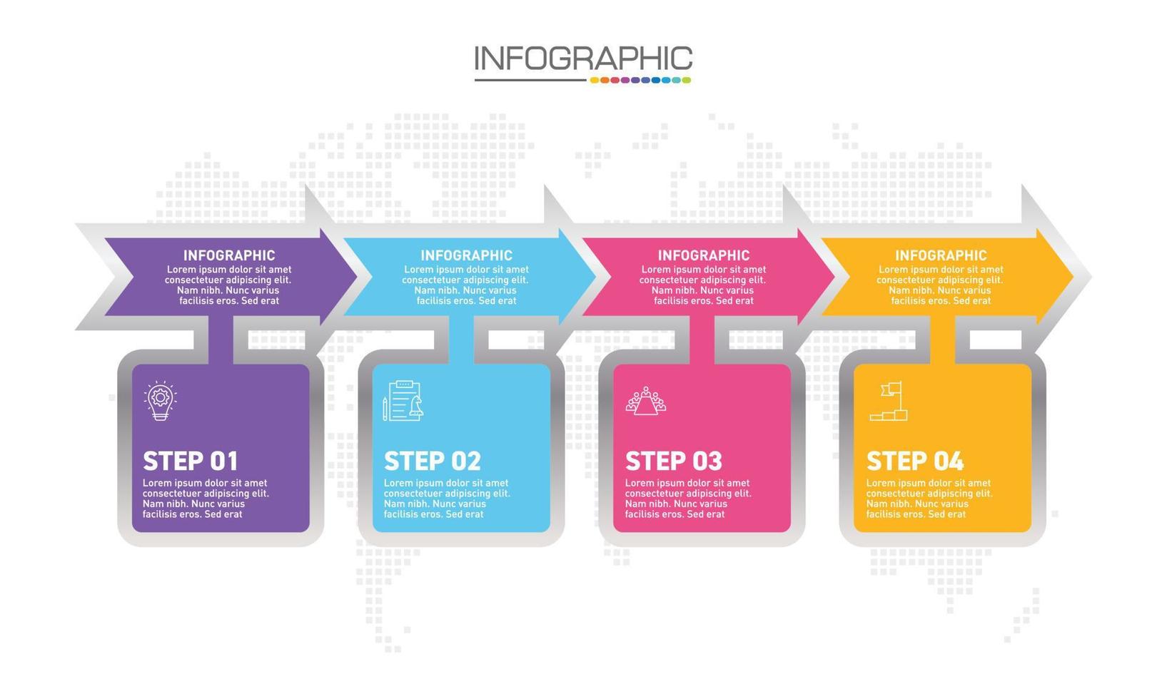 Infografik-Design 4 Schritte mit Marketingsymbolen können für Workflow-Layout, Diagramm, Jahresbericht, Webdesign verwendet werden. vektor