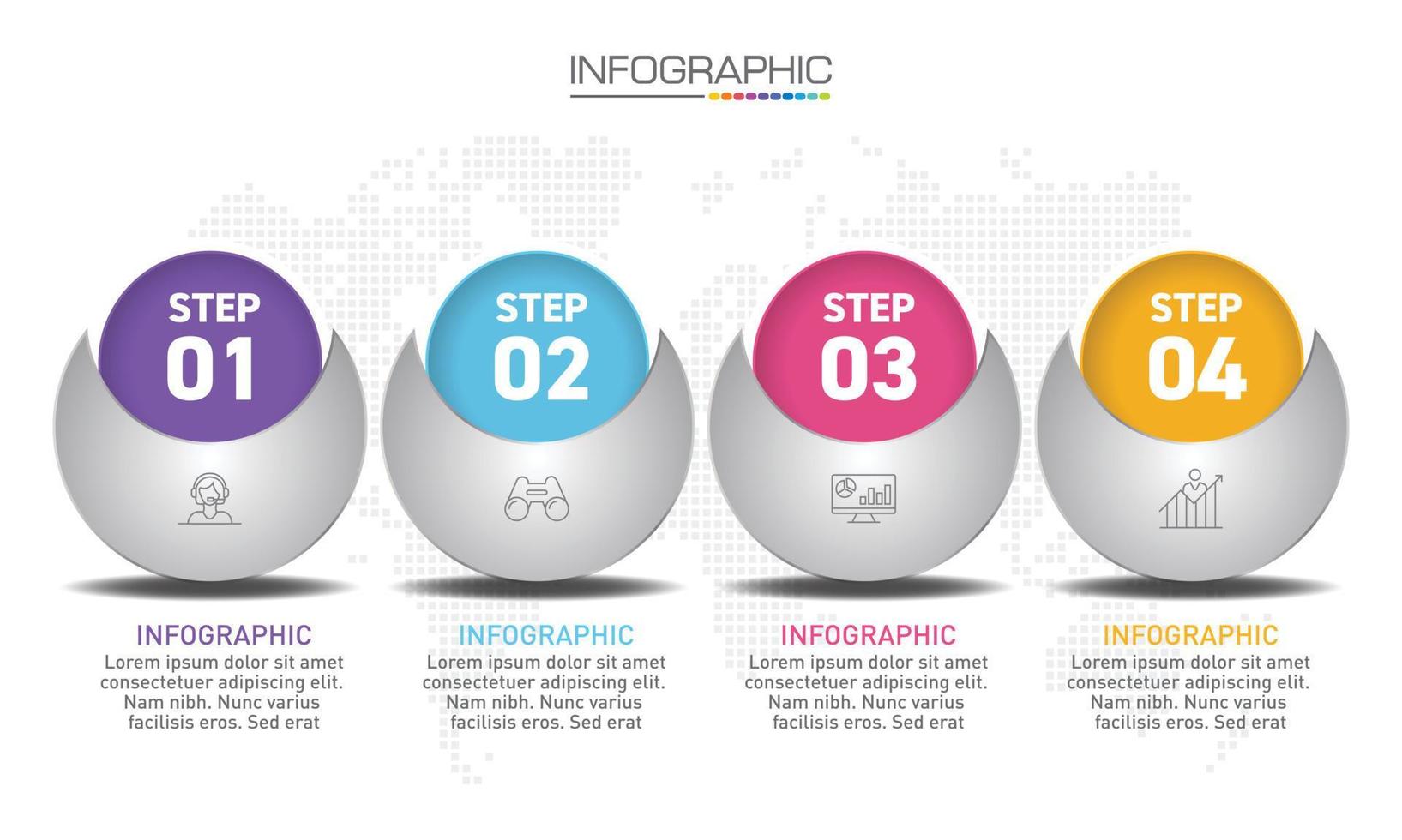 Infografik-Design 4 Schritte mit Marketingsymbolen können für Workflow-Layout, Diagramm, Jahresbericht, Webdesign verwendet werden. vektor