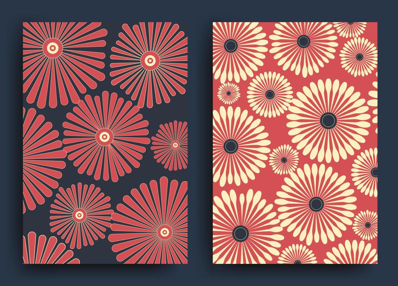 mörkblå och röda japanska och kinesiska mönster med stiliserade blommor för design av vykort, affischer, kuvert, väggar, papper. vektor illustration