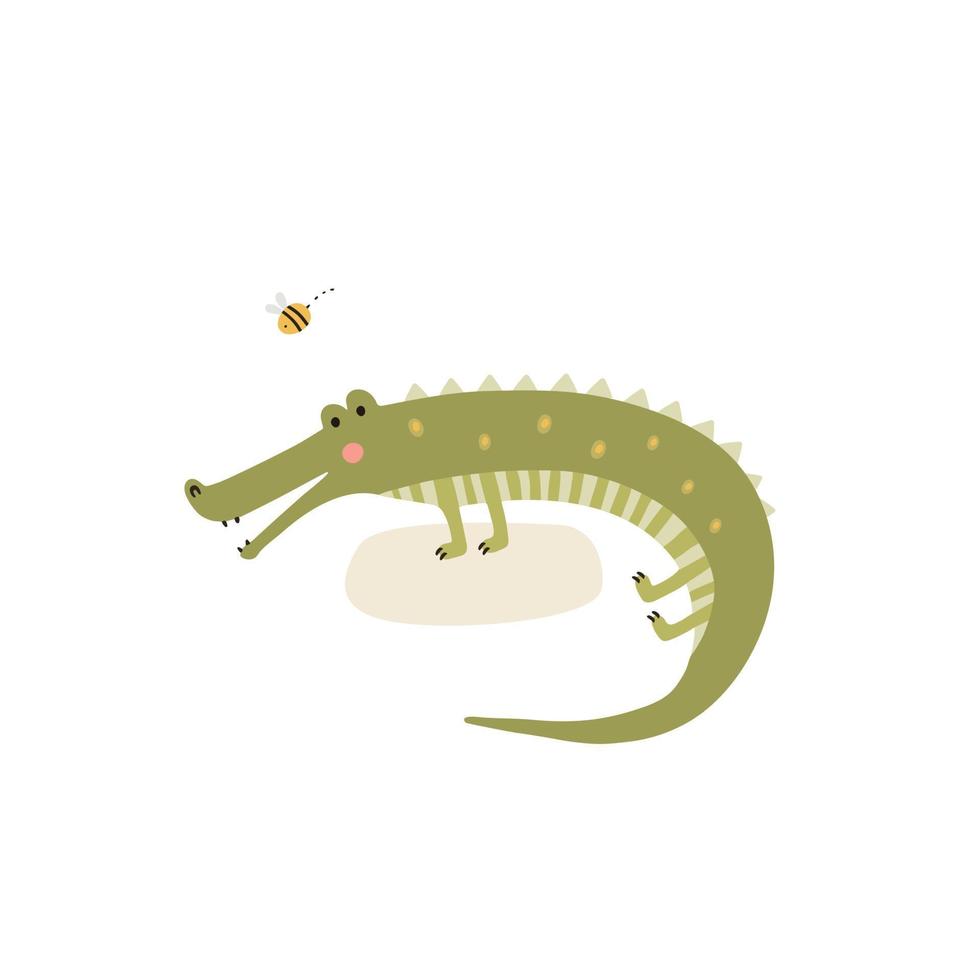 grünes krokodil der zeichentrickfigur tier, abstrakte gekritzelelemente, vektor. Safari-Tier. vektor