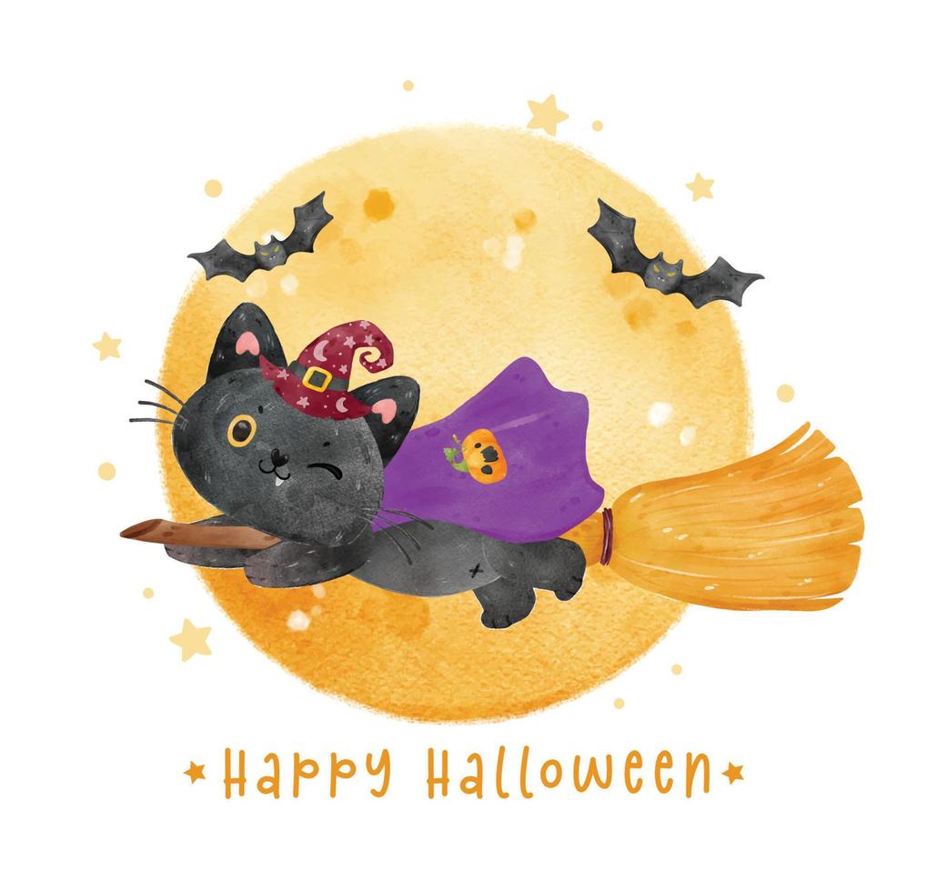 niedliches freches lächeln halloween schwarze katze trägt hexenhut auf fliegendem besen mit vollmond und fledermäusen aquarellillustrationsvektor vektor
