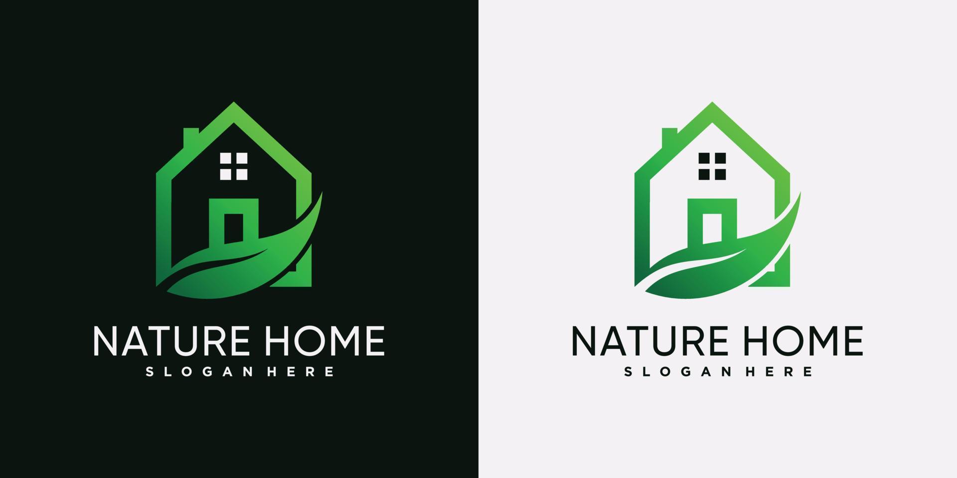 natur hus logotyp formgivningsmall med gröna blad och kreativa element vektor