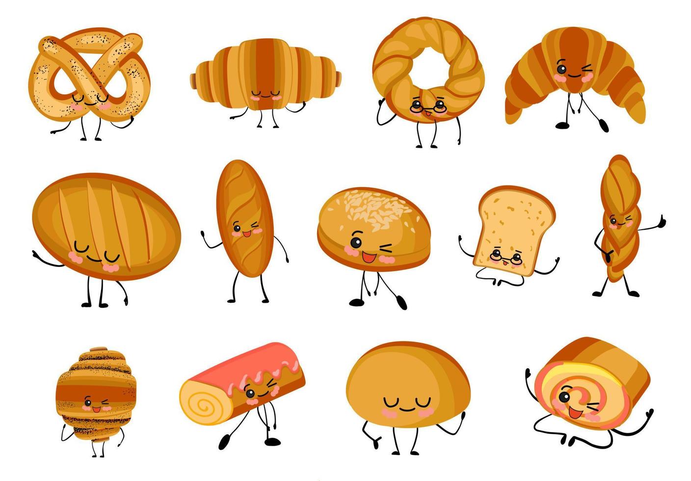 große reihe von isolierten illustrationen auf weißem hintergrund. Das Brot ist anders. Baguette, Laib, Sandwichbrötchen, Muffins und Brötchen. Weizen- und Roggenbrotprodukte. süße Charaktere.. vektor