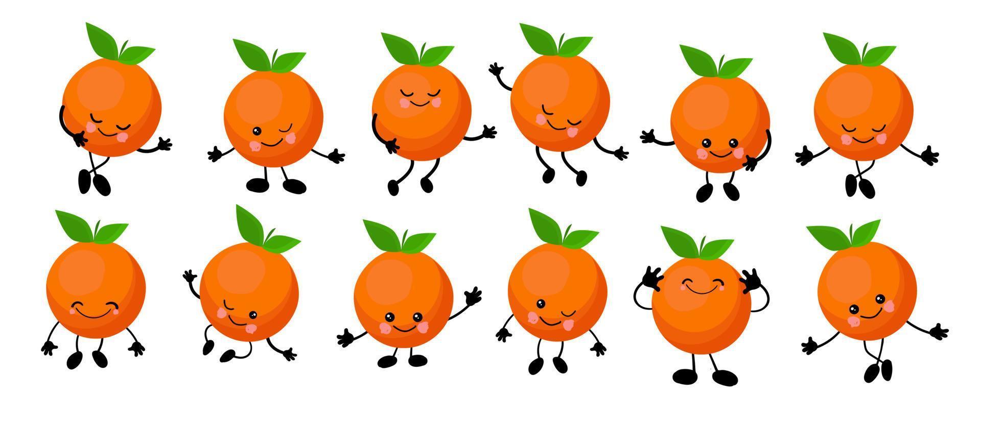 Orange. Charakter ist fröhlich mit Armen und Beinen. Reihe von Früchten auf weißem Hintergrund .. vektor