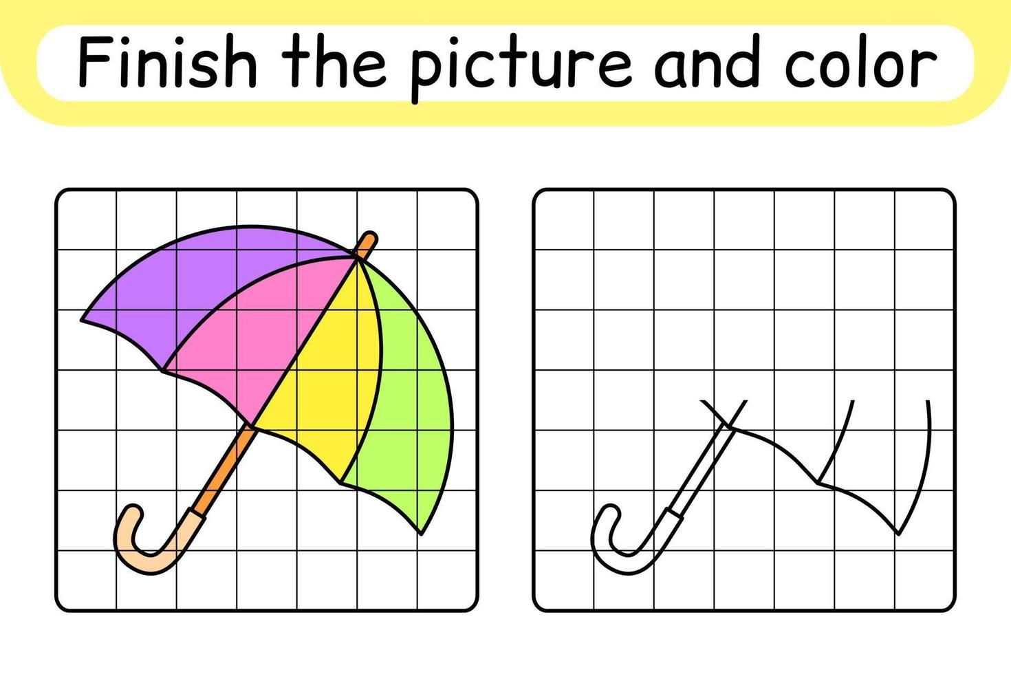 vervollständigen das bild regenschirm. Kopieren Sie das Bild und die Farbe. beende das Bild. Malbuch. pädagogisches Zeichenübungsspiel für Kinder vektor