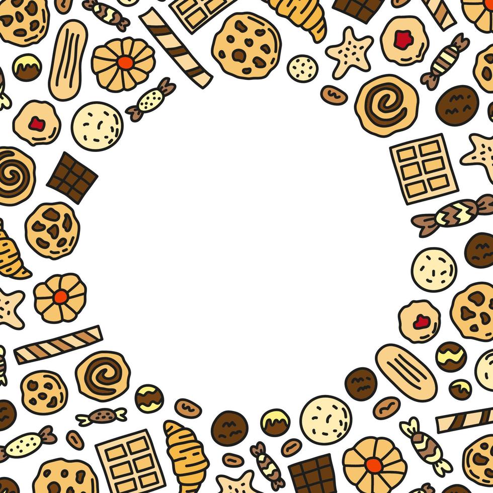 Poster mit farbigen Doodle-Keksen, Waffeln und Süßigkeiten auf weißem Hintergrund. vektor