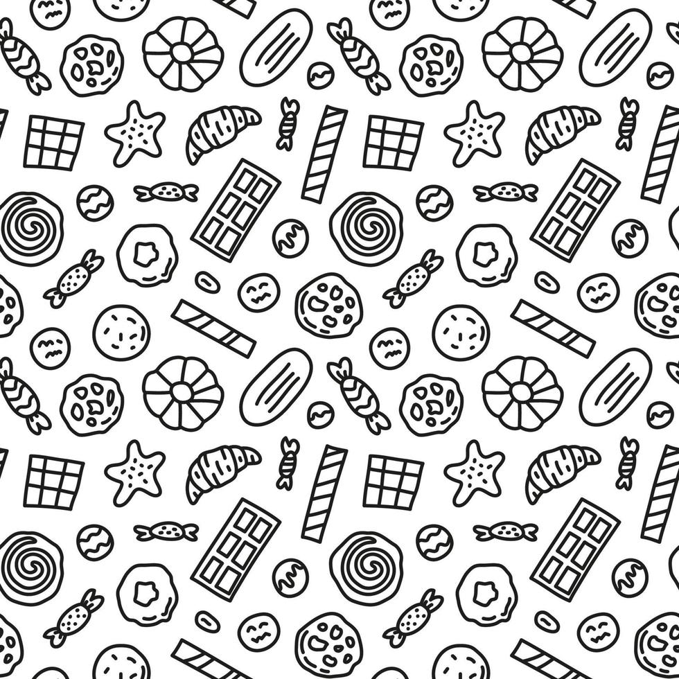 schwarz-weißes, nahtloses Muster mit Doodle-Umrisskeksen, Waffeln und Süßigkeiten. vektor