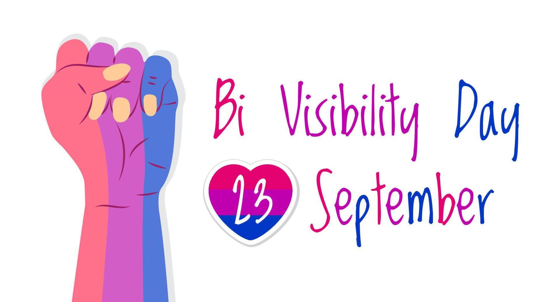 bisexualitet dag koncept vektor. handen är målad i bisexuella pride-färger. hjärta med rosa ränder och 23 september är skrivet. bi synlighet dag illustration vektor