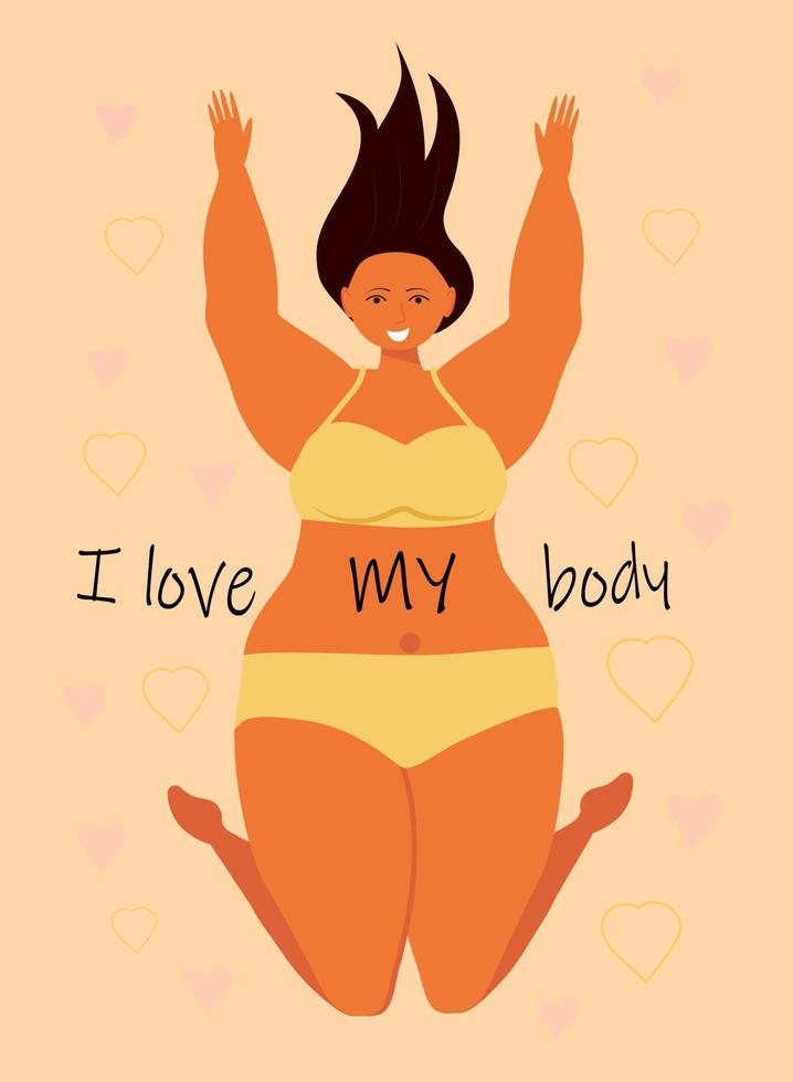 kropp positiv koncept vektor. glad plus storlek flicka bär baddräkt och ler. aktiv hälsosam livsstil och älska din kropp vektor