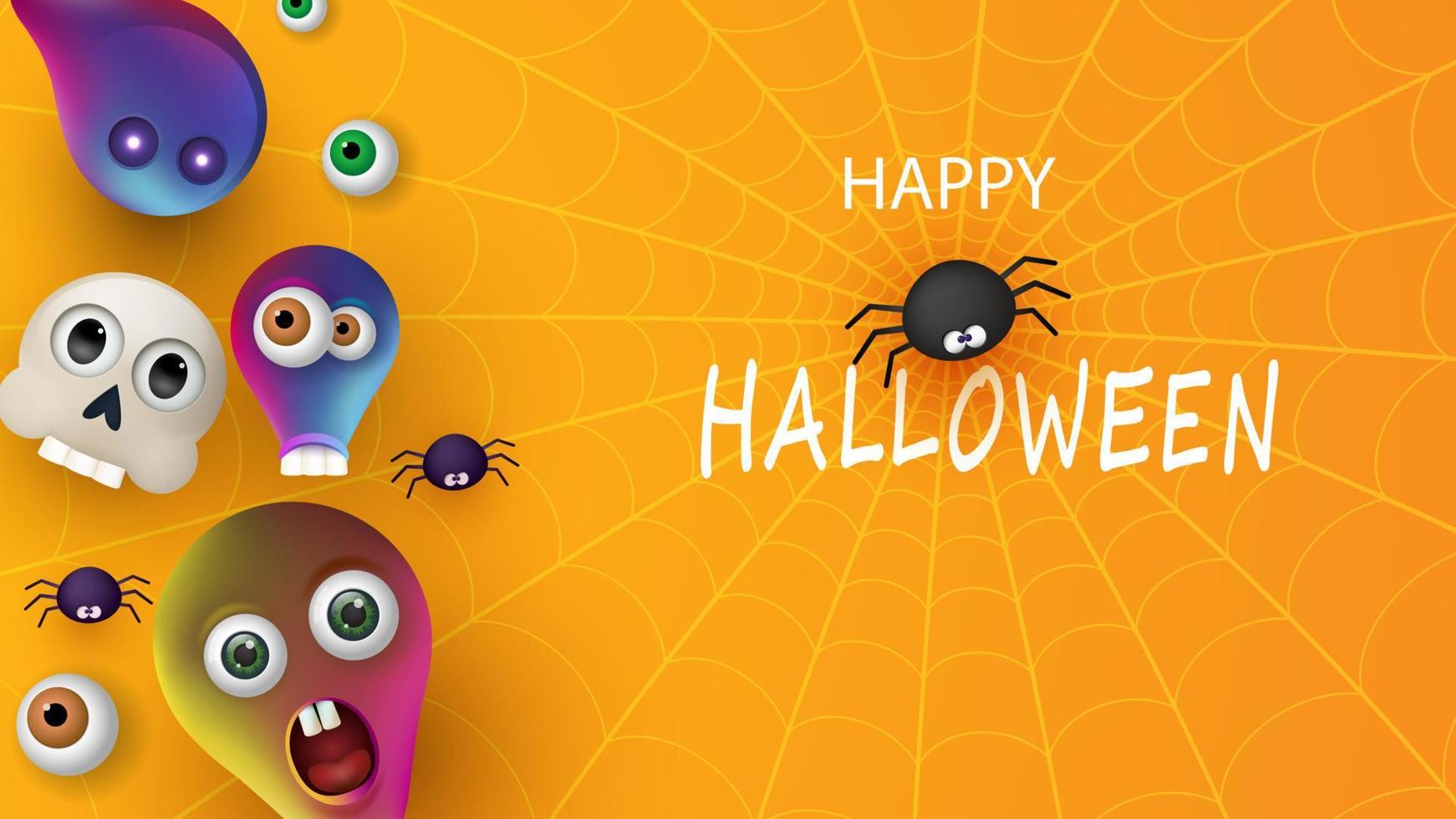 glad halloween banner eller festinbjudan orange bakgrund med spindlar och monster. vektor illustration. plats för text