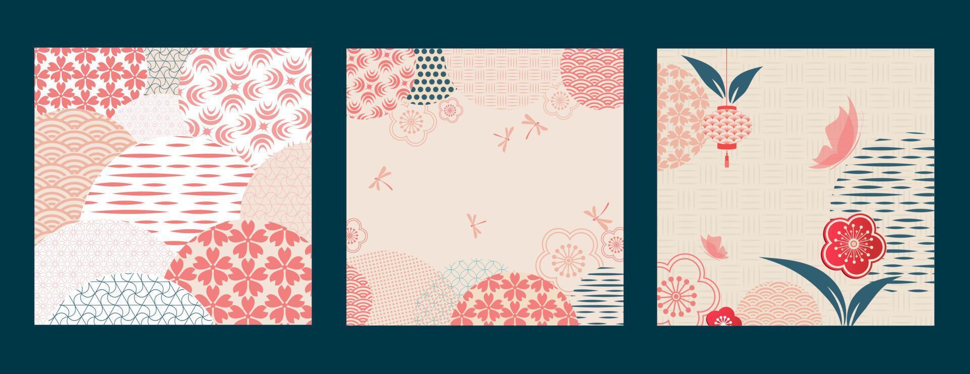 Blumenrahmen. japanisches Muster. blumenfeier im chinesischen grafikstil. einladungskarte mit geometrischen symbolen. asiatischer Hintergrund. Retro-Stil. vektor