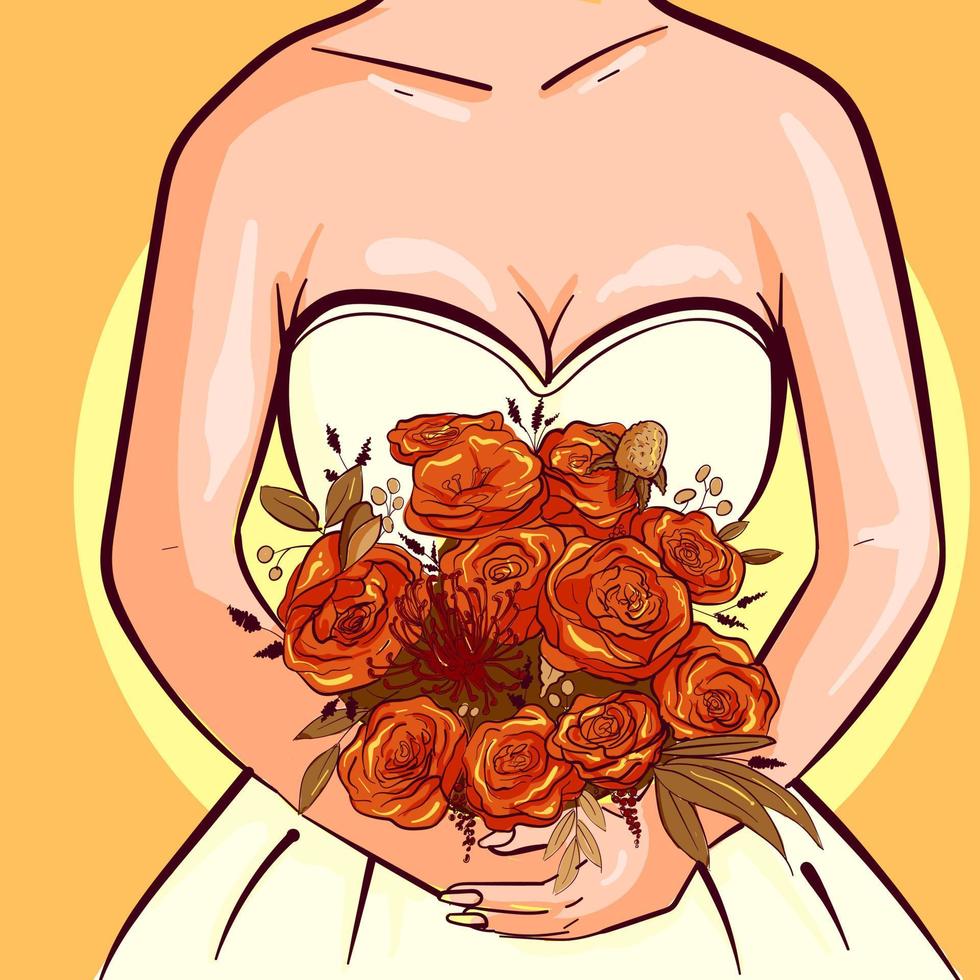 Vektorgrafik einer Braut in einem weißen Kleid mit einem böhmischen Blumenstrauß. Hände einer verheirateten Frau mit Blumenschmuck. Design für Karten, Poster und Einladungen. vektor
