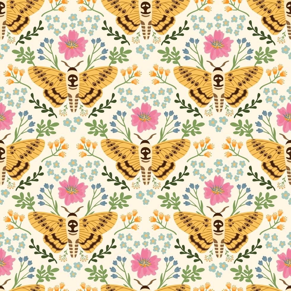 Schmetterling und Blumen Sommer Vektor nahtlose Muster. Damast florale Textur im Retro-Stil. handgezeichnetes süßes Design für Stoff oder Tapete.