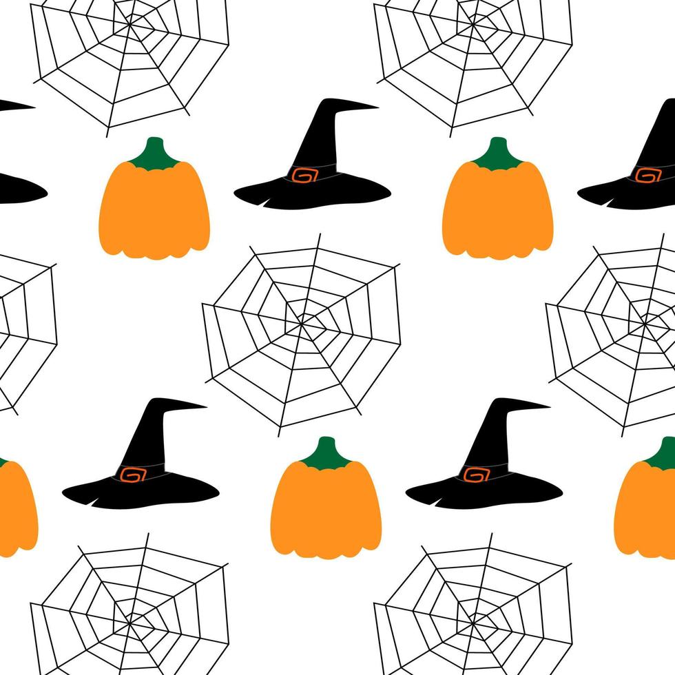 Nahtloses Halloween-Muster bestehend aus einem Kürbis, einem Hexenkopf und Spinnweben. sich wiederholende Textur. vektor