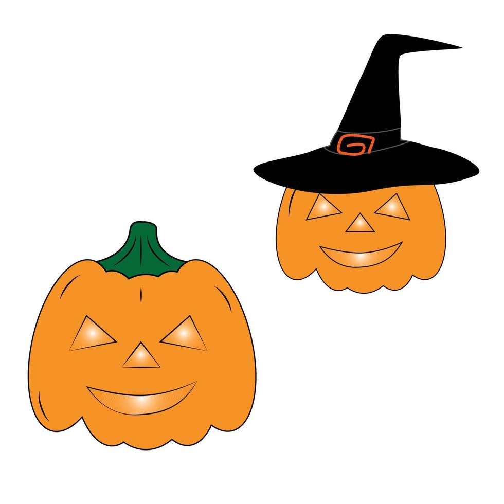 ein Set aus zwei orangefarbenen Halloween-Kürbissen mit festlichen Elementen wie leuchtenden Augen und einem Hexenhut. vektor