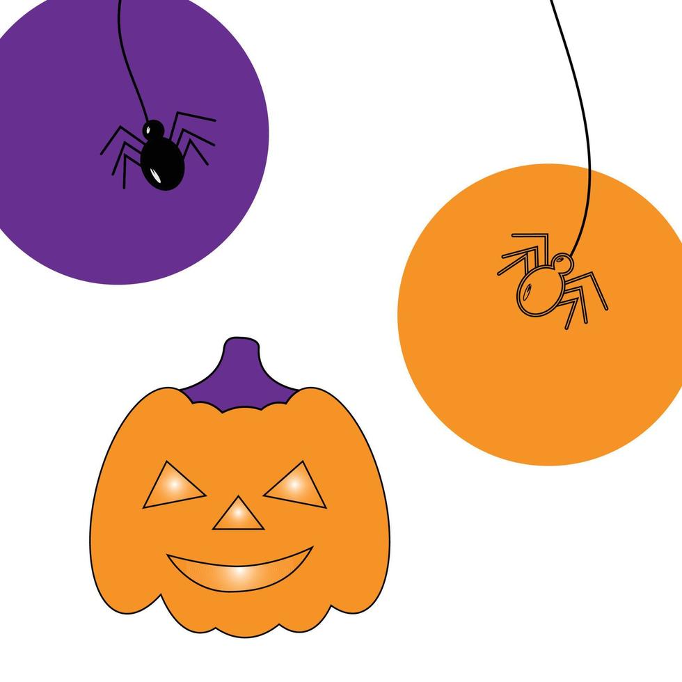 Ein orangefarbener Halloween-Kürbis mit leuchtenden Augen und zwei Spinnen vor einem orangefarbenen und violetten Fleck. vektor