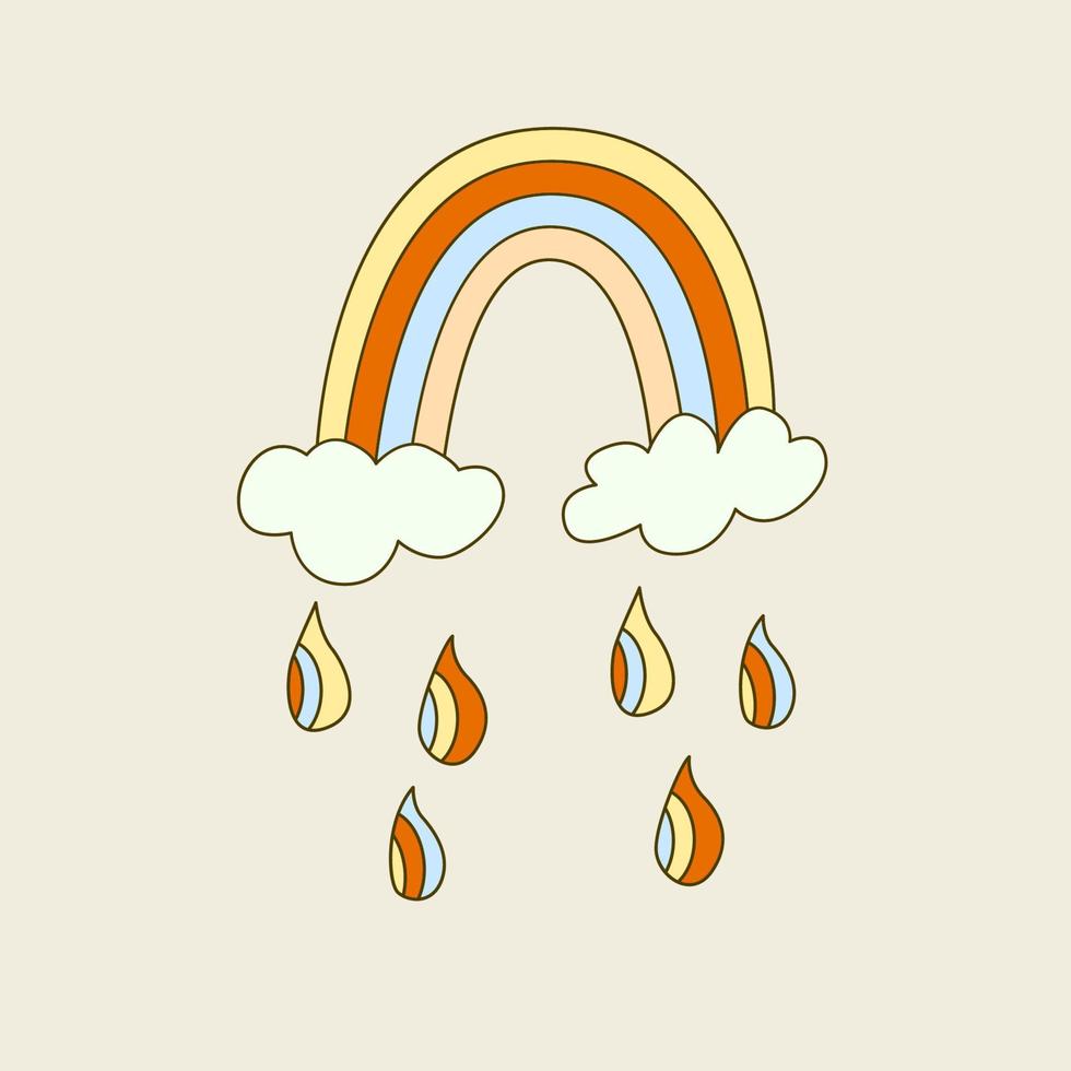 Hippie-Vibe-Poster mit Regenbogen und Wolken. Retro-Vektorillustration der 70er Jahre. grooviger Cartoon-Stil. vektor