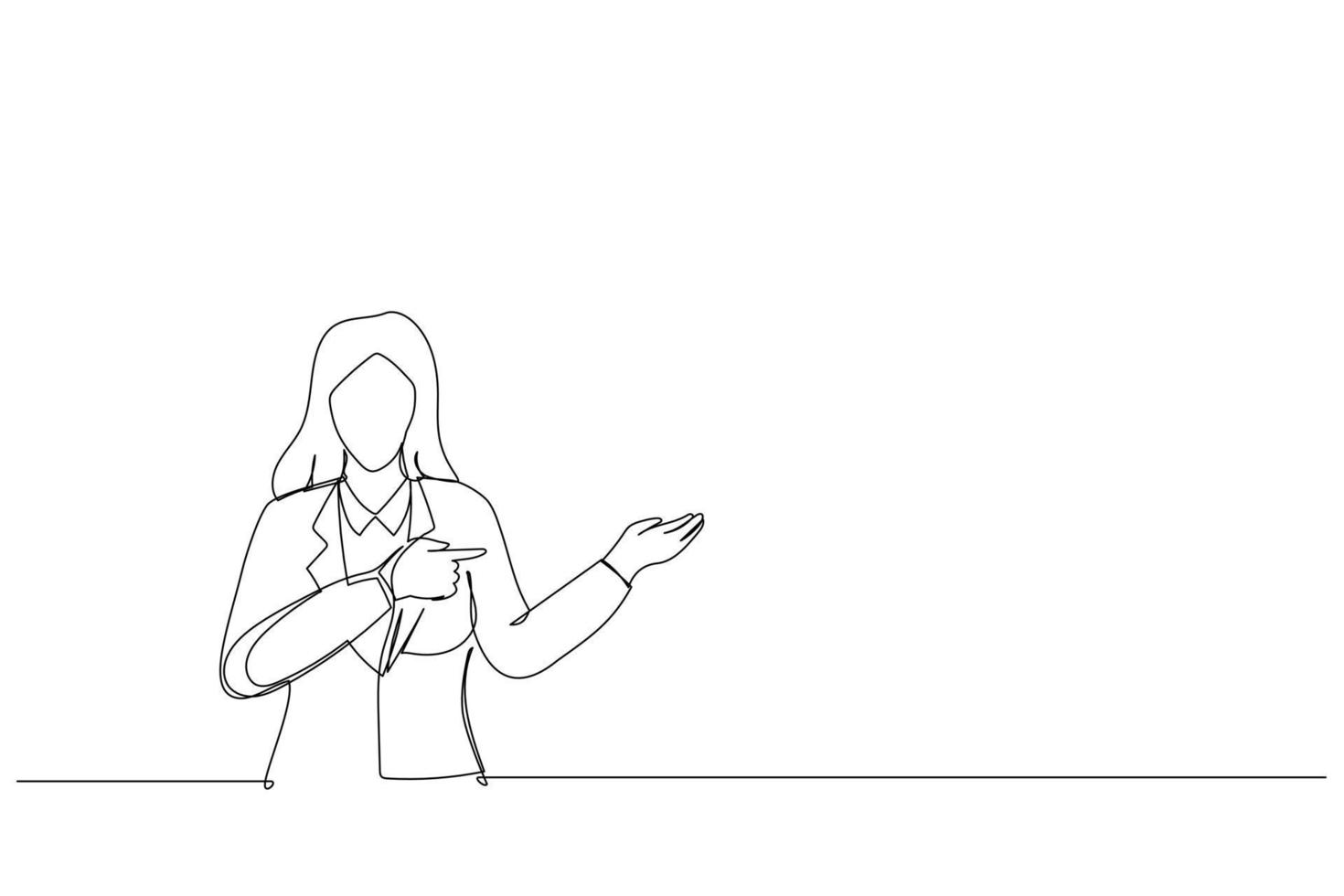 Karikatur einer Frau, die einen imaginären Copyspace auf der Handfläche hält, um eine Anzeige einzufügen. Kunststil mit einer durchgehenden Linie vektor