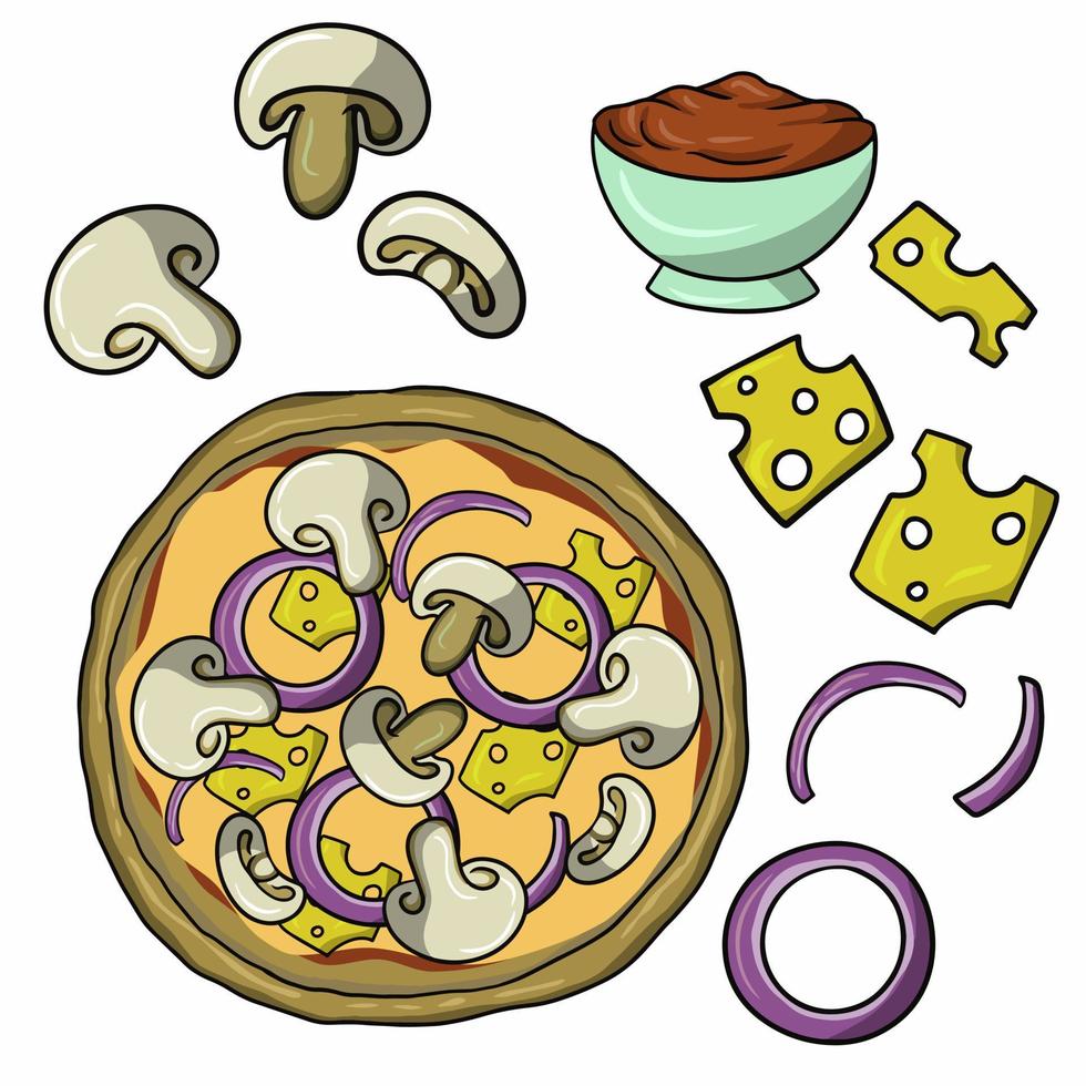Eine Reihe von Symbolen zum Erstellen von Pizza mit Pilzen, eine Vektorillustration im Cartoon-Stil auf weißem Hintergrund vektor