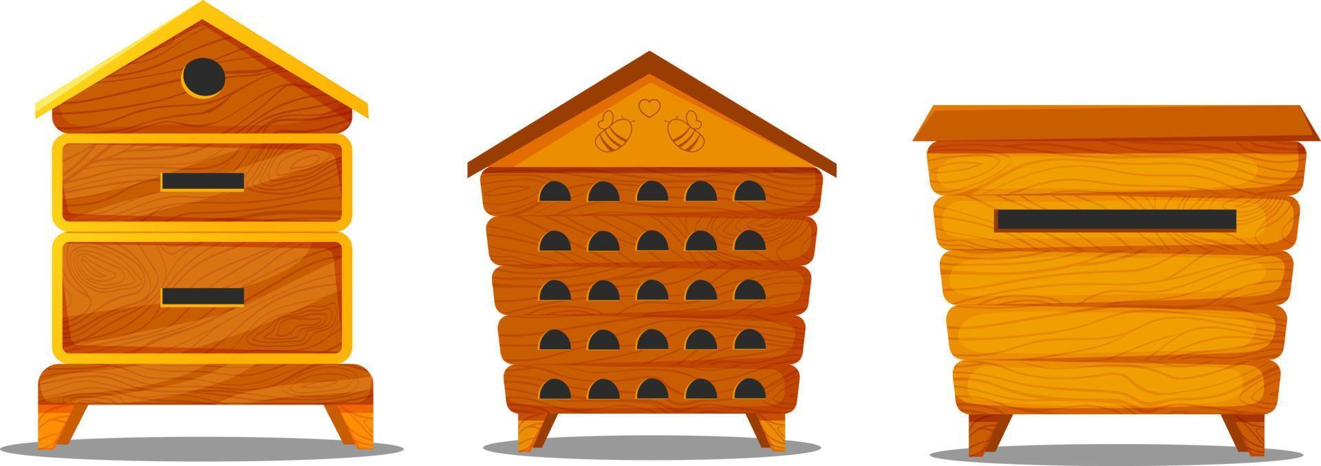 träbikupa för bin i tecknad stil. färgglada bikupor för bin och bilder med bigård vektor
