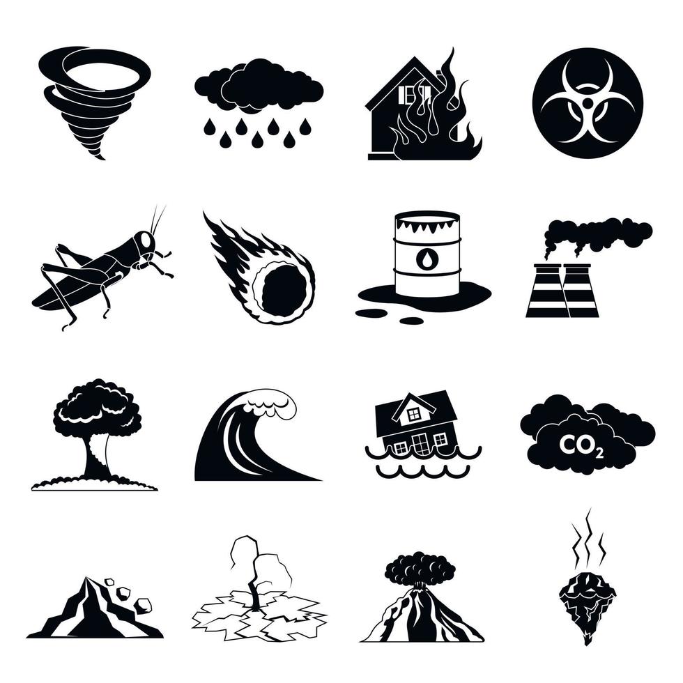 naturkatastrof ikoner set, svart enkel stil vektor